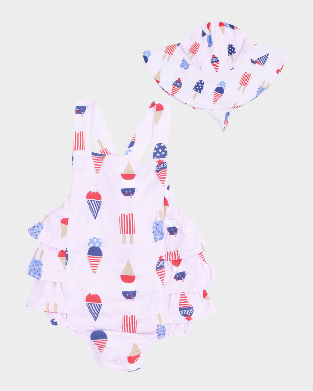 Girl's American Ice Cream Ruffle Romper W/ Sun Hat, Size Newbor